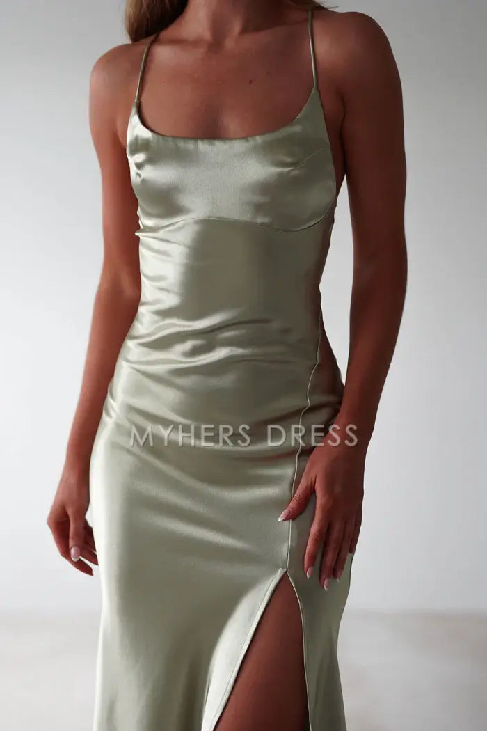 My Hers Prom Dress Figure Slimming Slip Dress Straight Neckline Low Back Adjustable Tie Straps Elegant Simple Ladies Formal Dress