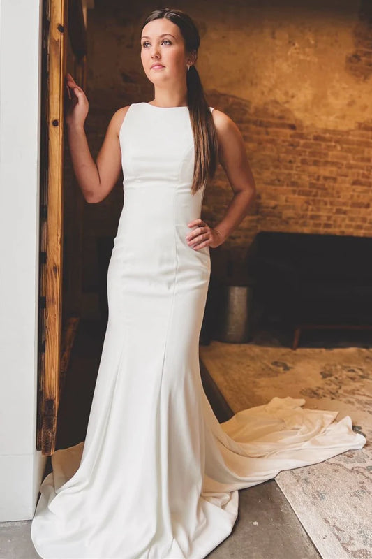 White Satin Bateau Cutout Back Trumpet Sleeveless Long Wedding Dress Back Buckle