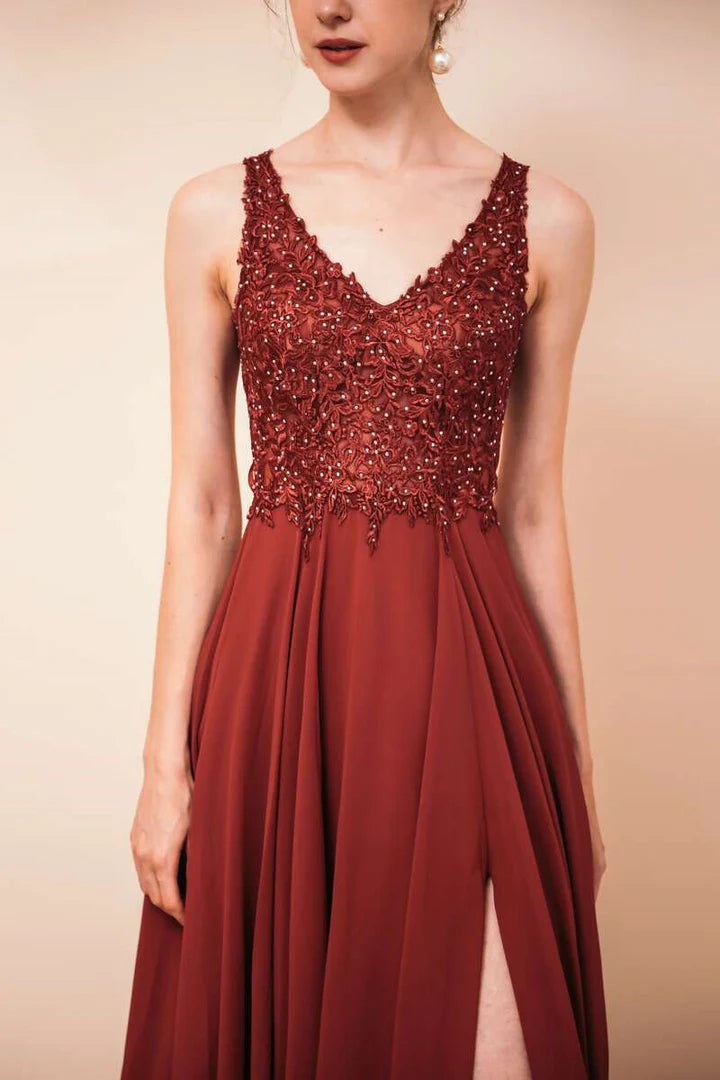 Chiffon V-neck High Side Slit Prom Gown with Applique