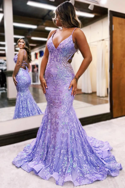 Sequin Lace V-Neck Trumpet Long Prom Dress