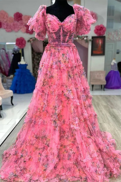 Print Puff Sleeve Ruffle Long Prom Dress