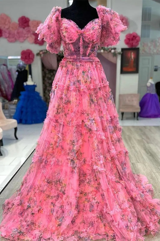 Print Puff Sleeve Ruffle Long Prom Dress