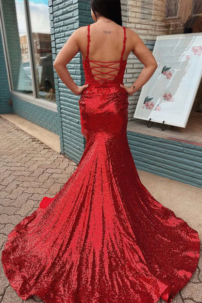 Sequin Appliques Sweetheart Mermaid Long Prom Dress with Slit