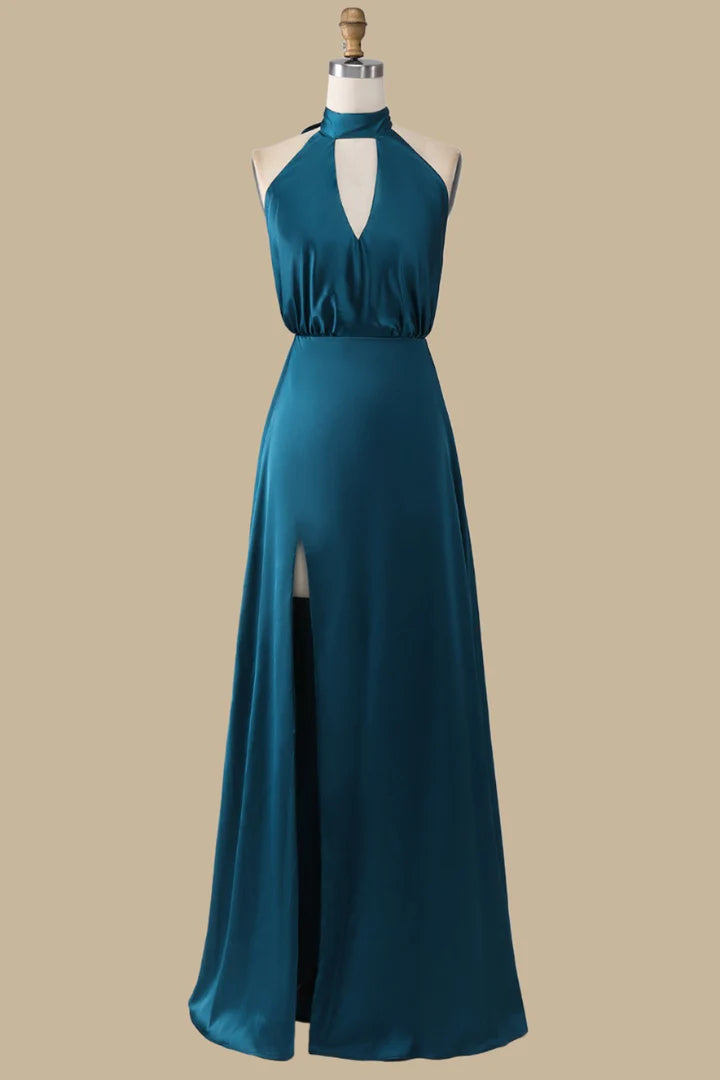 Halter Blouson-Style Maxi Dress with Slit