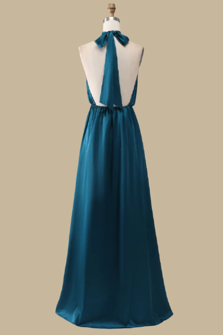 Halter Blouson-Style Maxi Dress with Slit