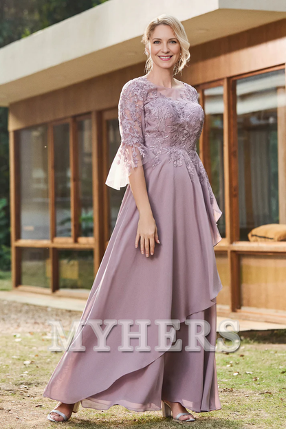 My Hers New Product Mother of The Bride Dress Ruffles Illusion Neck Lace Applique Chiffon Dress Elegant Wedding Guests Dresses