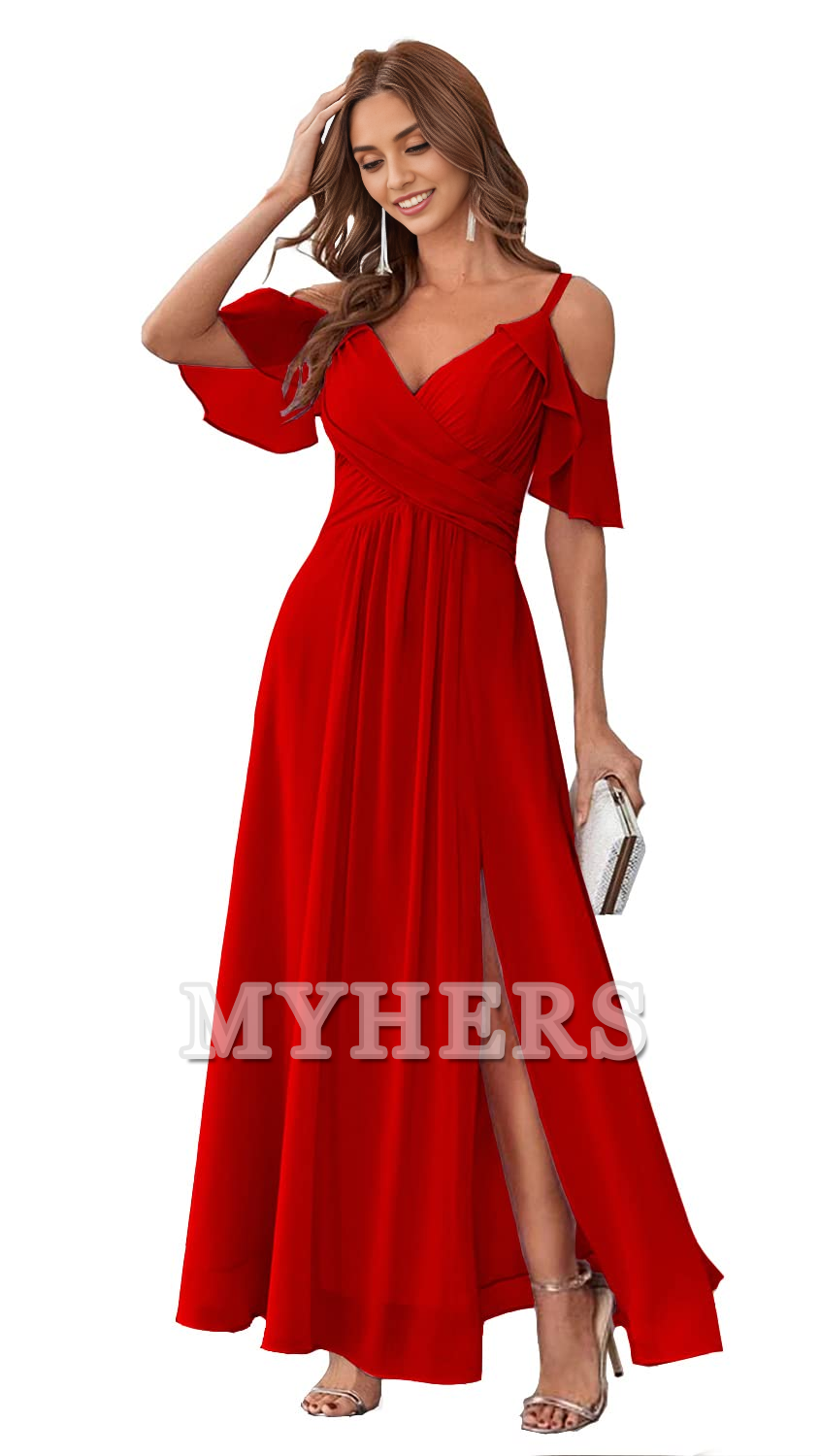 Sweetheart Off Shoulder Chiffon Side Fork Elegant Long Bridesmaid Dresses Wedding Guests Dresses
