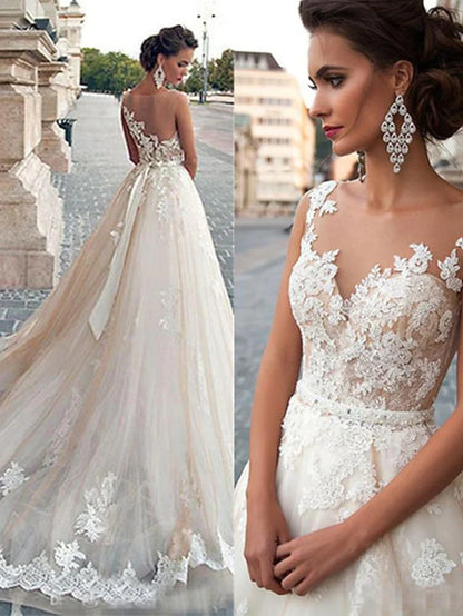 A-Line Wedding Dresses Jewel Neck Court Train Lace Satin Tulle Regular Straps Country Illusion Detail Backless with Appliques