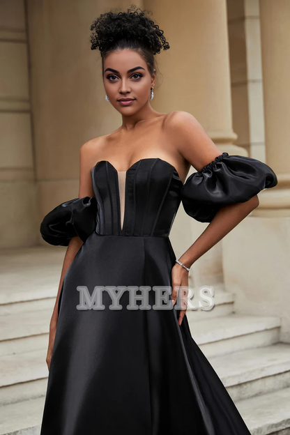 Formal Women's Dresses Strapless A-Line Strapless Dress Backless Ruched Side Fork Sweep Train Senior Evening Dress