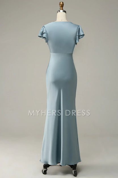 My Hers Ladies Formal Dress Elegant Mermaid Flowing Short Sleeve Simple With Ruffles Prom Dress