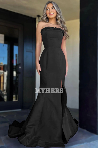 Formal Wear Dresses Wedding Guest Dresses Strapless Ruffle Mermaid Cultivate oneself Side Fork Long Prom Dress Elegant Dignified Evening Dress