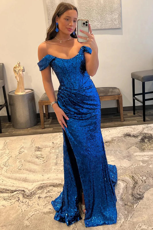 Blue Sequin Off Shoulder Round Neck Mermaid Pleats Prom Dress with Slit