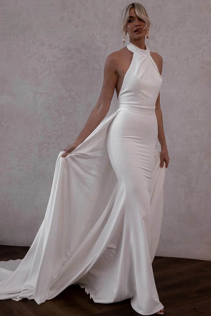 Elegant Mermaid Hatler Satin Wrap The Buttocks Wedding Dresses With Attached Train