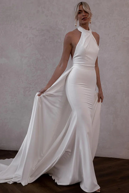 Elegant Mermaid Hatler Satin Wrap The Buttocks Wedding Dresses With Attached Train