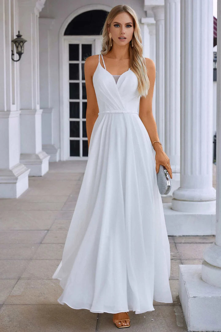 Chiffon Surplice Neck A-Line Long Dress with Spaghetti Straps