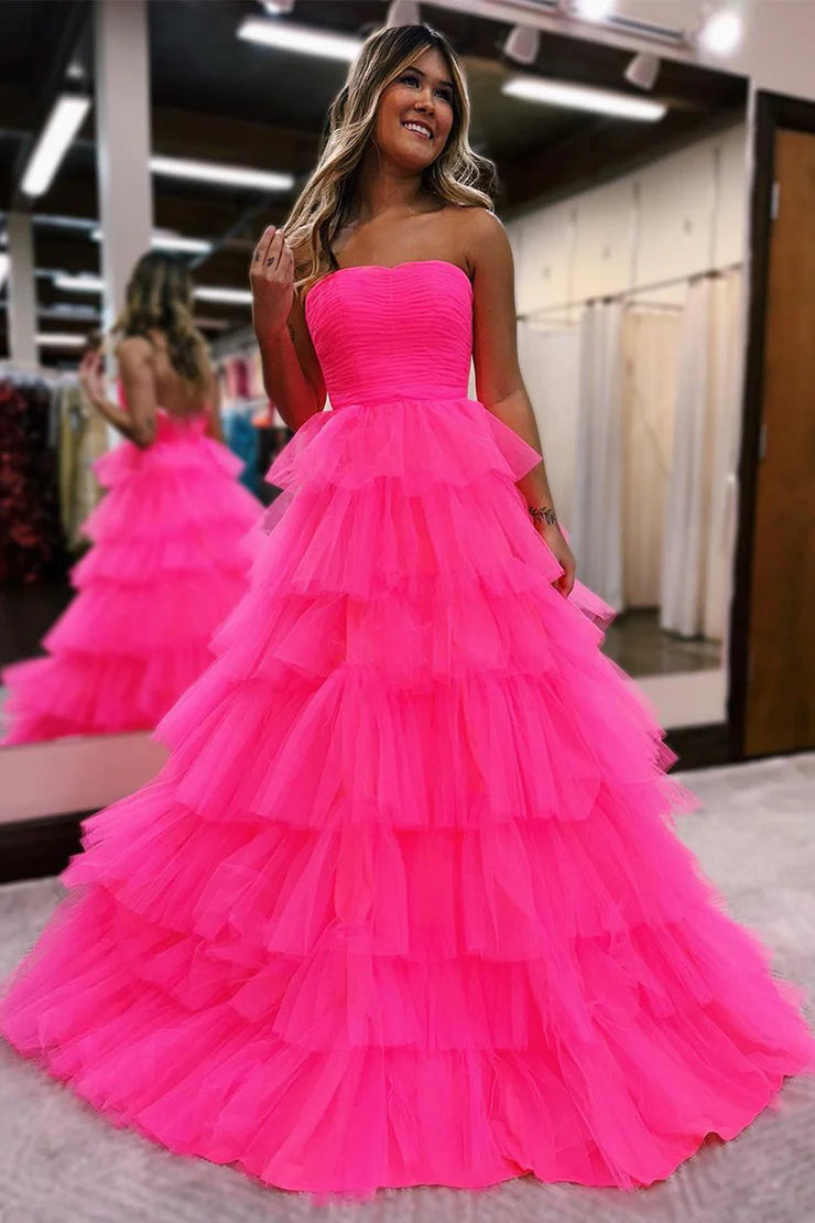 Cute Tulle Strapless Off-the-Shoulder Hot Pink Pleats Tulle Long Prom Dresses