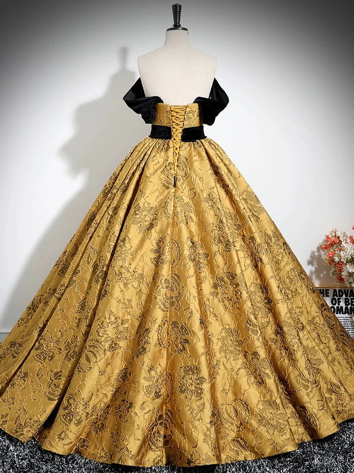 A-Line Off Shoulder Satin Elegant Prom Dress Detachable Sleeves Gold Color Blocking Long Atmosphere Evening dress