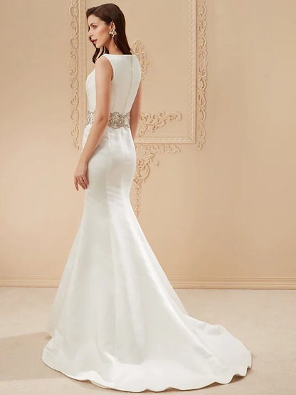 Wedding Dresses Bateau Neck Cathedral Train Satin Regular Straps Vintage Inspired with Beading