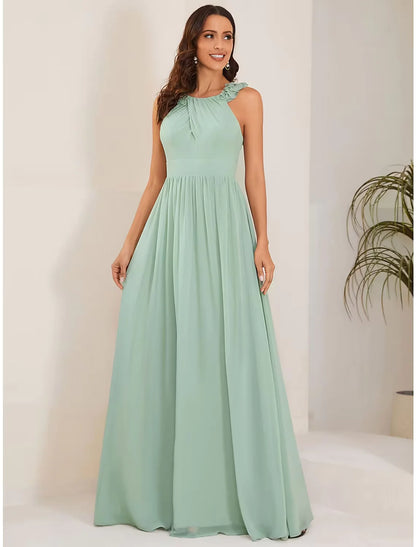 A-Line Dresses Elegant Dress Formal Floor Length Sleeveless Jewel Neck Chiffon with Pleats Shouder Flower