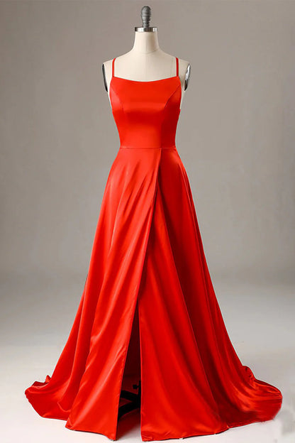 Red Square Neck Halter Lace-Up Back Backless A Line Satin Prom Dress