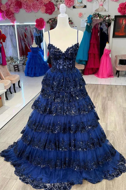 Tulle Sequin Tiered Long Gown with Spaghetti Straps