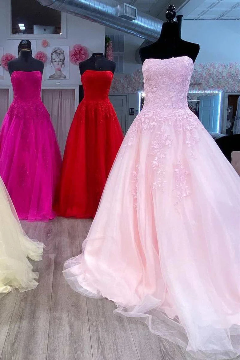 Floral Lace Strapless A-Line Prom Dress