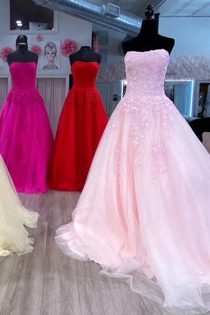 Floral Lace Strapless A-Line Prom Dress