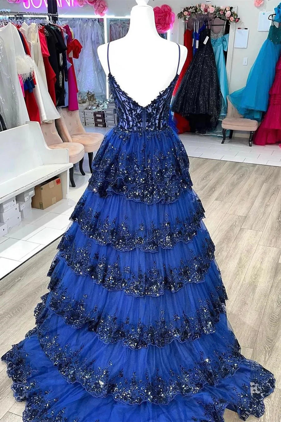 Tulle Sequin Tiered Long Gown with Spaghetti Straps