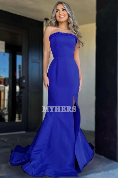 Formal Wear Dresses Wedding Guest Dresses Strapless Ruffle Mermaid Cultivate oneself Side Fork Long Prom Dress Elegant Dignified Evening Dress