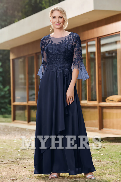 My Hers New Product Mother of The Bride Dress Ruffles Illusion Neck Lace Applique Chiffon Dress Elegant Wedding Guests Dresses