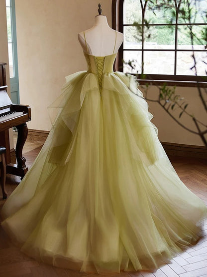 Sweet A-Line Prom Dress Heart-shaped collar Tulle Wrinkle Spaghetti Strap Long Evening dress