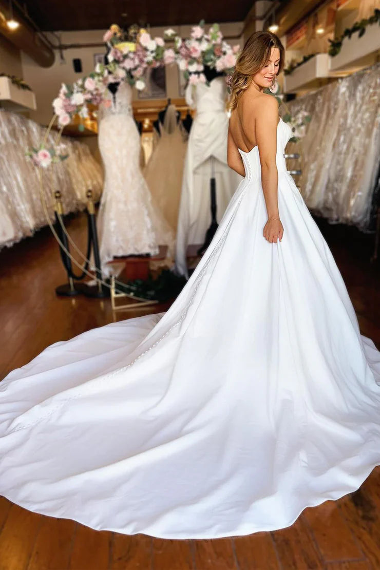 Simple Strapless Off-the-Shoulder White Satin Mopping The Floor Wedding Dresses with Pockets