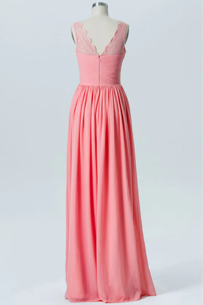 Pink V-Neck Classic fit Chiffon Lace Straps Pleats Bridesmaid Dress