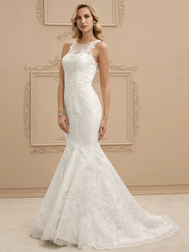 Wedding Dresses Bateau Neck All Over Lace Regular Straps Sexy Illusion Detail Backless with Beading Appliques