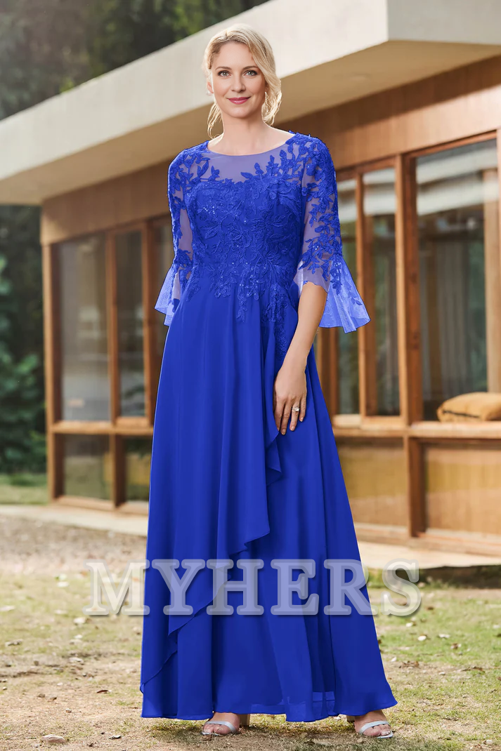My Hers New Product Mother of The Bride Dress Ruffles Illusion Neck Lace Applique Chiffon Dress Elegant Wedding Guests Dresses