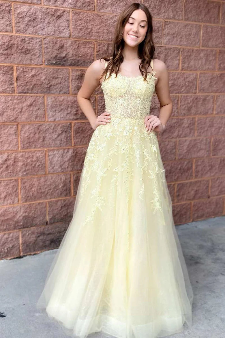 Tulle Applique Lace-Up A-Line Long Prom Dress