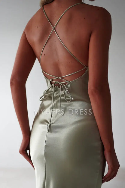 My Hers Prom Dress Figure Slimming Slip Dress Straight Neckline Low Back Adjustable Tie Straps Elegant Simple Ladies Formal Dress