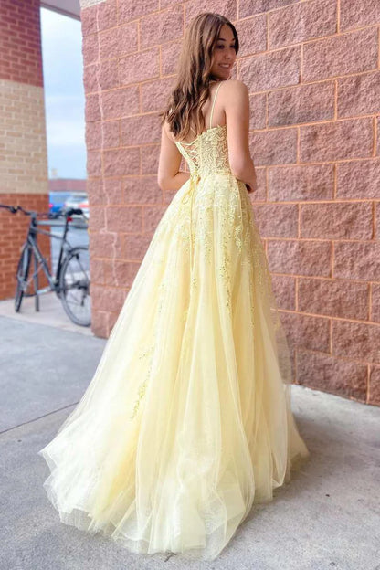 Tulle Applique Lace-Up A-Line Long Prom Dress