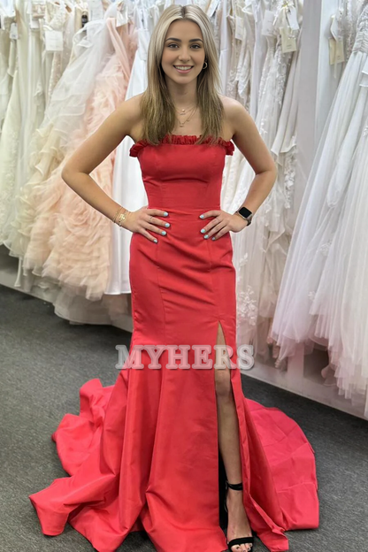 Formal Wear Dresses Wedding Guest Dresses Strapless Ruffle Mermaid Cultivate oneself Side Fork Long Prom Dress Elegant Dignified Evening Dress