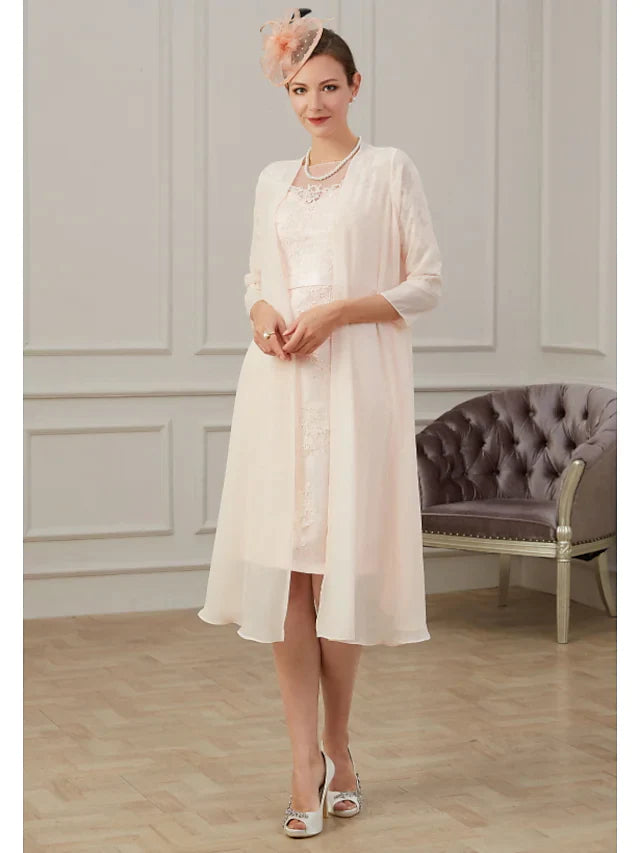 Mother of the Bride Dress Elegant Jewel Neck Knee Length Chiffon Long Sleeve with Appliques Ruching