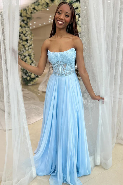 Chiffon Appliques Strapless A-Line Long Prom Dress