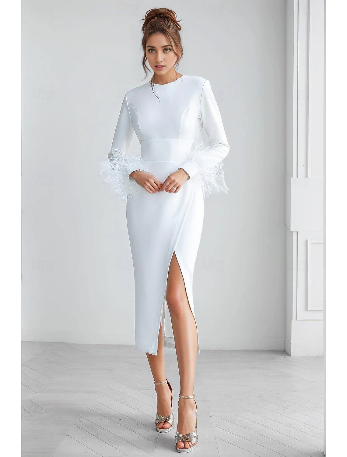 December Wedding Guest Dress Sheath / Column Elegant Dress Formal Wedding Tea Length Long Sleeve Jewel Neck Stretch Crepe with Feather Fall Wedding Party Dress