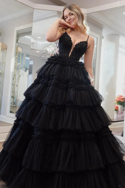 Princess V Neck Spaghetti Strap Black Tiered Tulle Long Prom Dresses