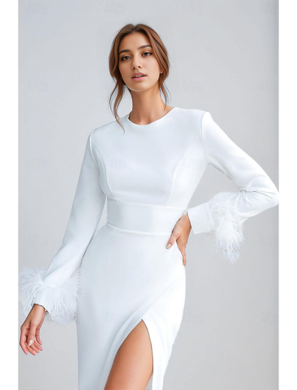 December Wedding Guest Dress Sheath / Column Elegant Dress Formal Wedding Tea Length Long Sleeve Jewel Neck Stretch Crepe with Feather Fall Wedding Party Dress