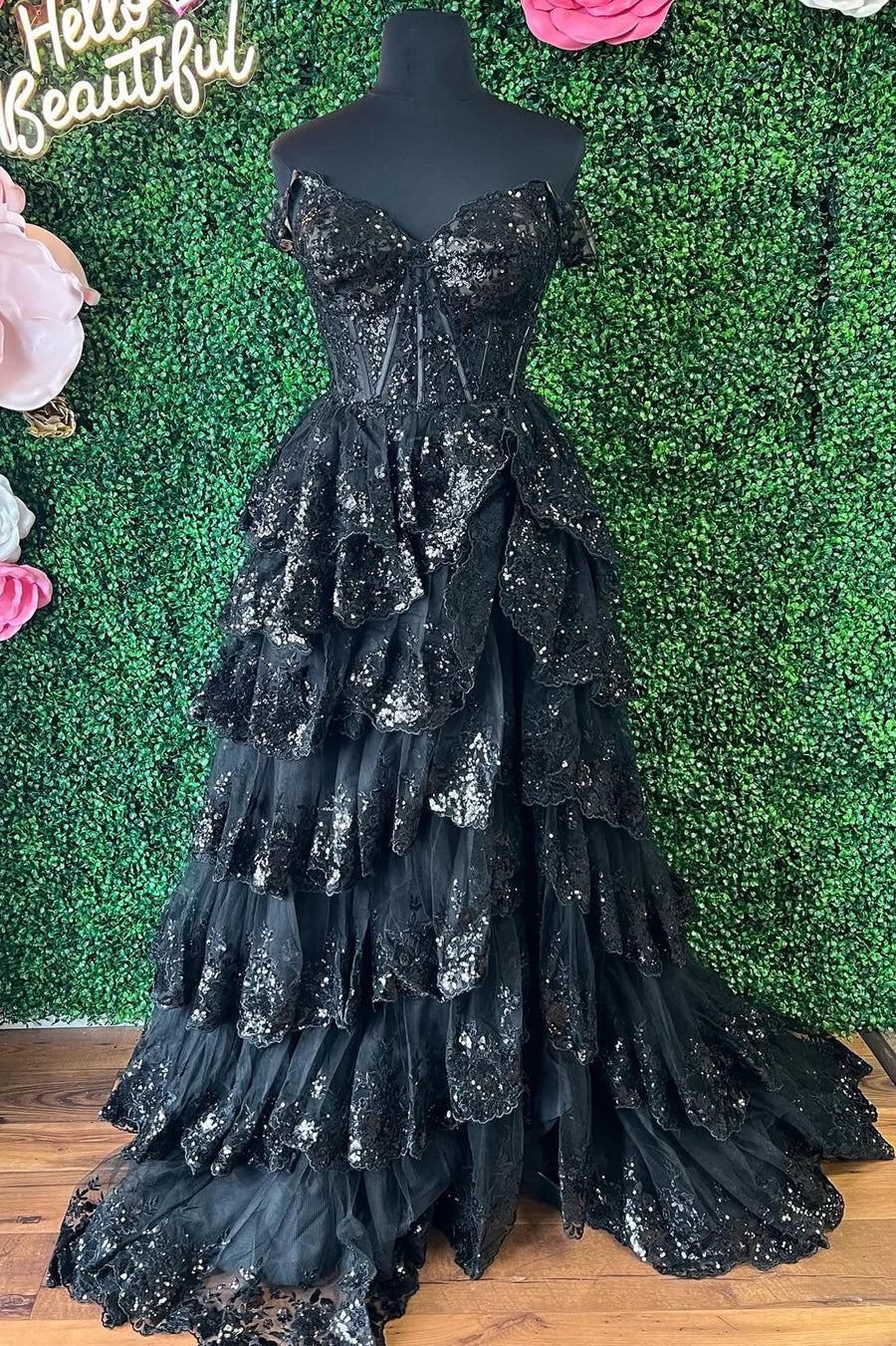 Sequin Appliques Off-the-Shoulder Ruffle Tiered Long Gown