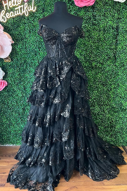 Sequin Appliques Off-the-Shoulder Ruffle Tiered Long Gown