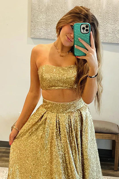 Two Piece Strapless Off-the-Shoulder Gold Sequins Long Prom Dress