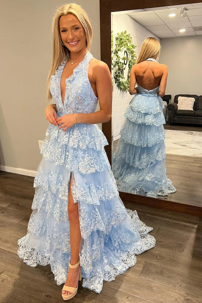 Tulle Appliques Halter Ruffle Tiered Long Prom Dress