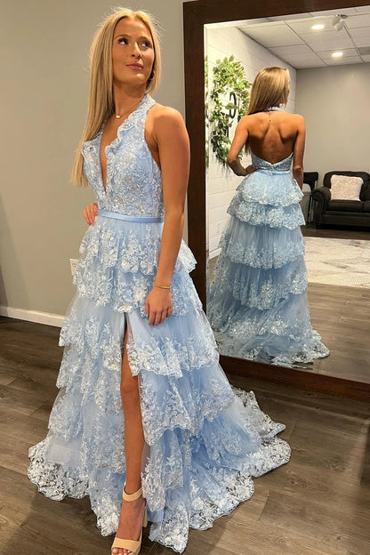 Tulle Appliques Halter Ruffle Tiered Long Prom Dress