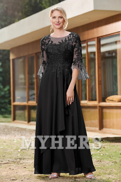 My Hers New Product Mother of The Bride Dress Ruffles Illusion Neck Lace Applique Chiffon Dress Elegant Wedding Guests Dresses